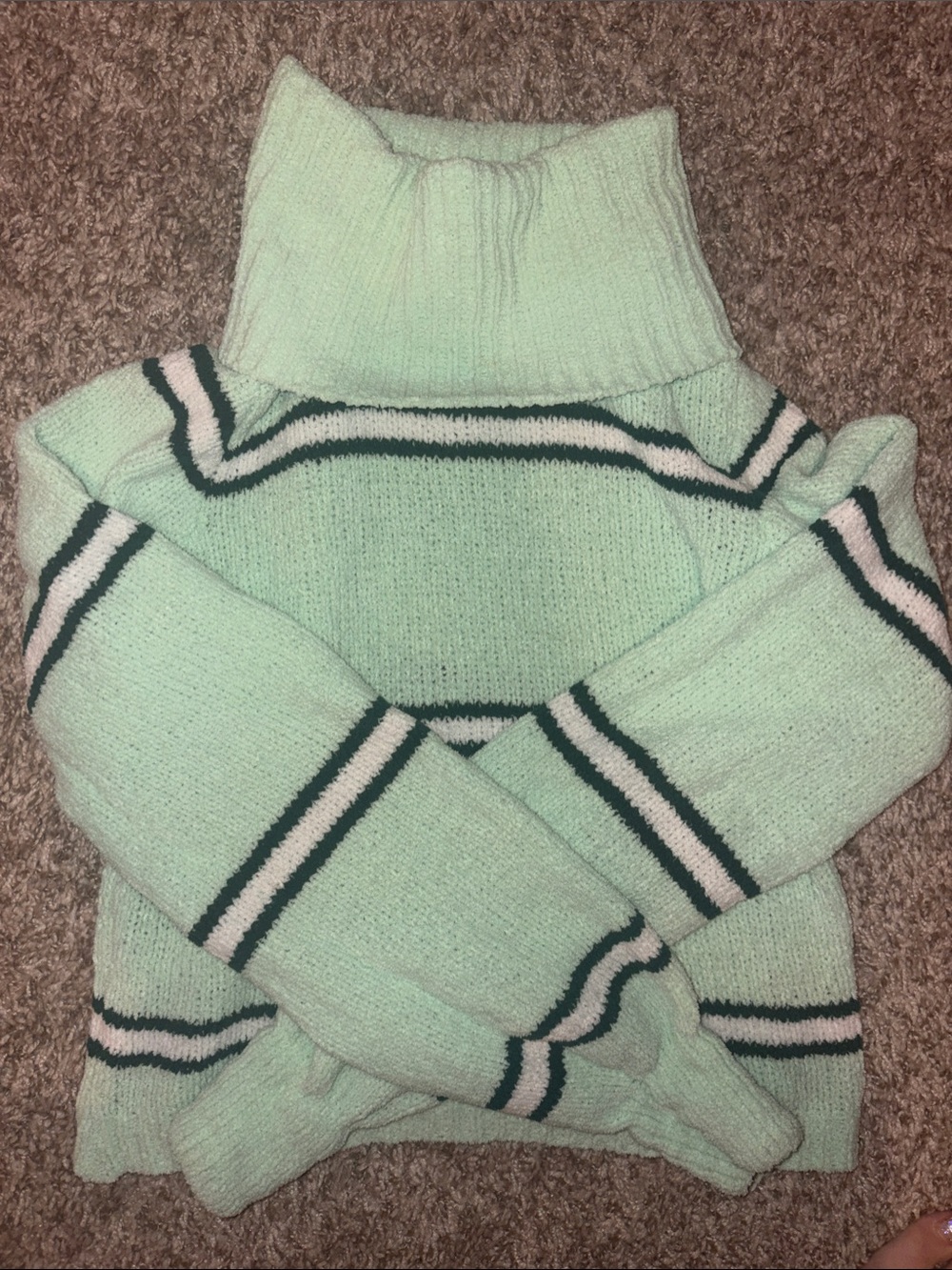 wild fable Mint Green Turtleneck Sweater with Dark Green & White Stripes